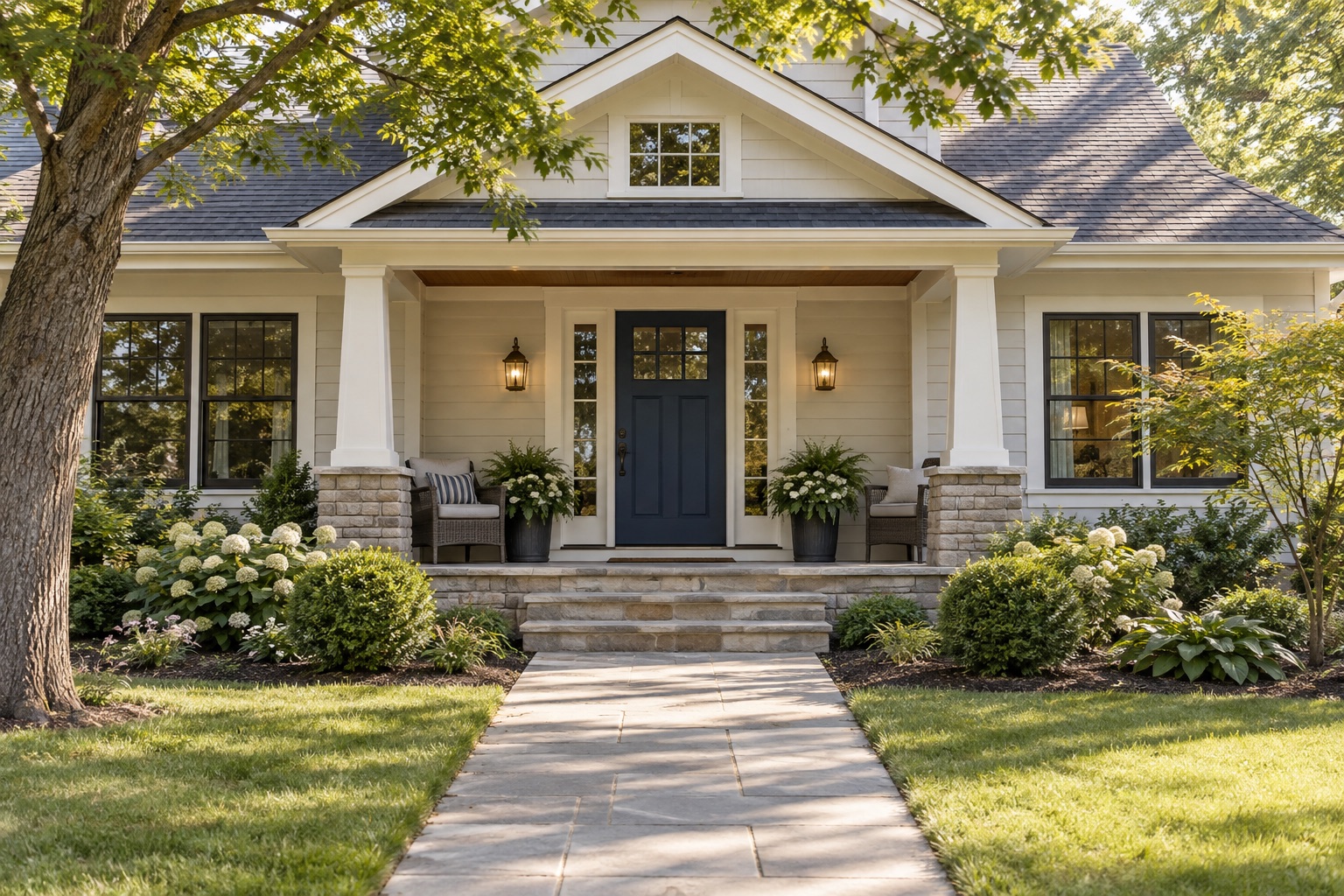 A welcoming home with a navy front door, sunlit porch, and garden